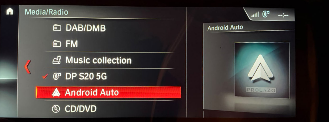 Android Auto als native Medienquelle im BMW-Menü, aktiviert von Prolazo